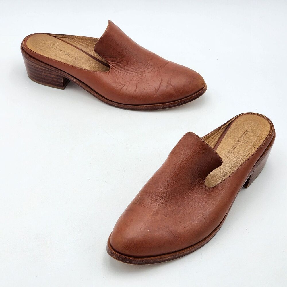 Ariana Bohling Sami Pointed Leather Slip On Heeled Mules Clogs Brown Size 9